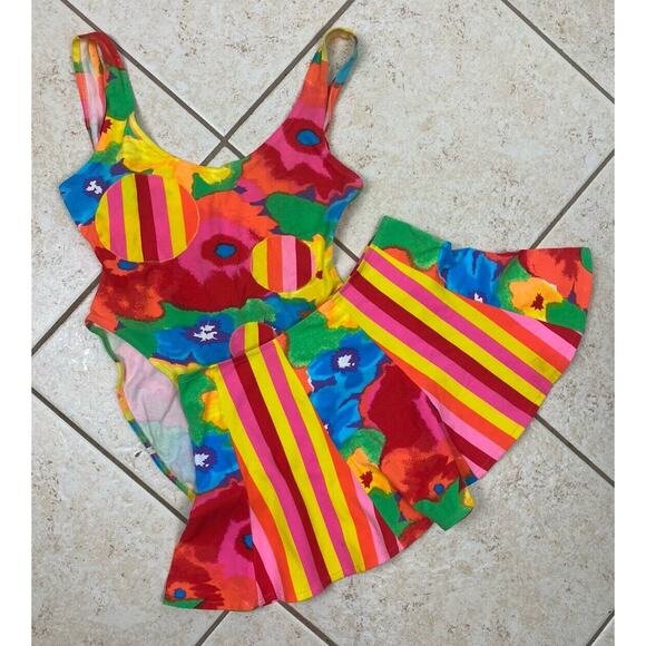 Keiko VTG Pink One Piece Swimsuit Skirt Set Abstract Colorful Vibrant Sz L - Picture 1 of 16